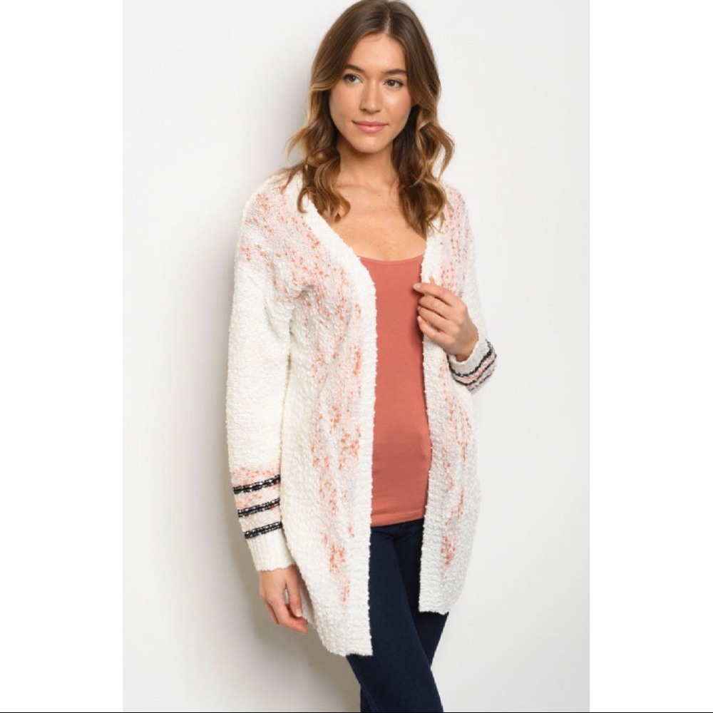 Ivory with Black Stripes and Pink PopCorn Cardigan